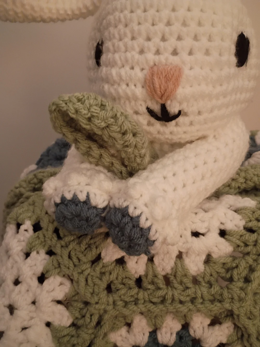 Handmade Bunny Lovey Blanket in White, Sage and Blue